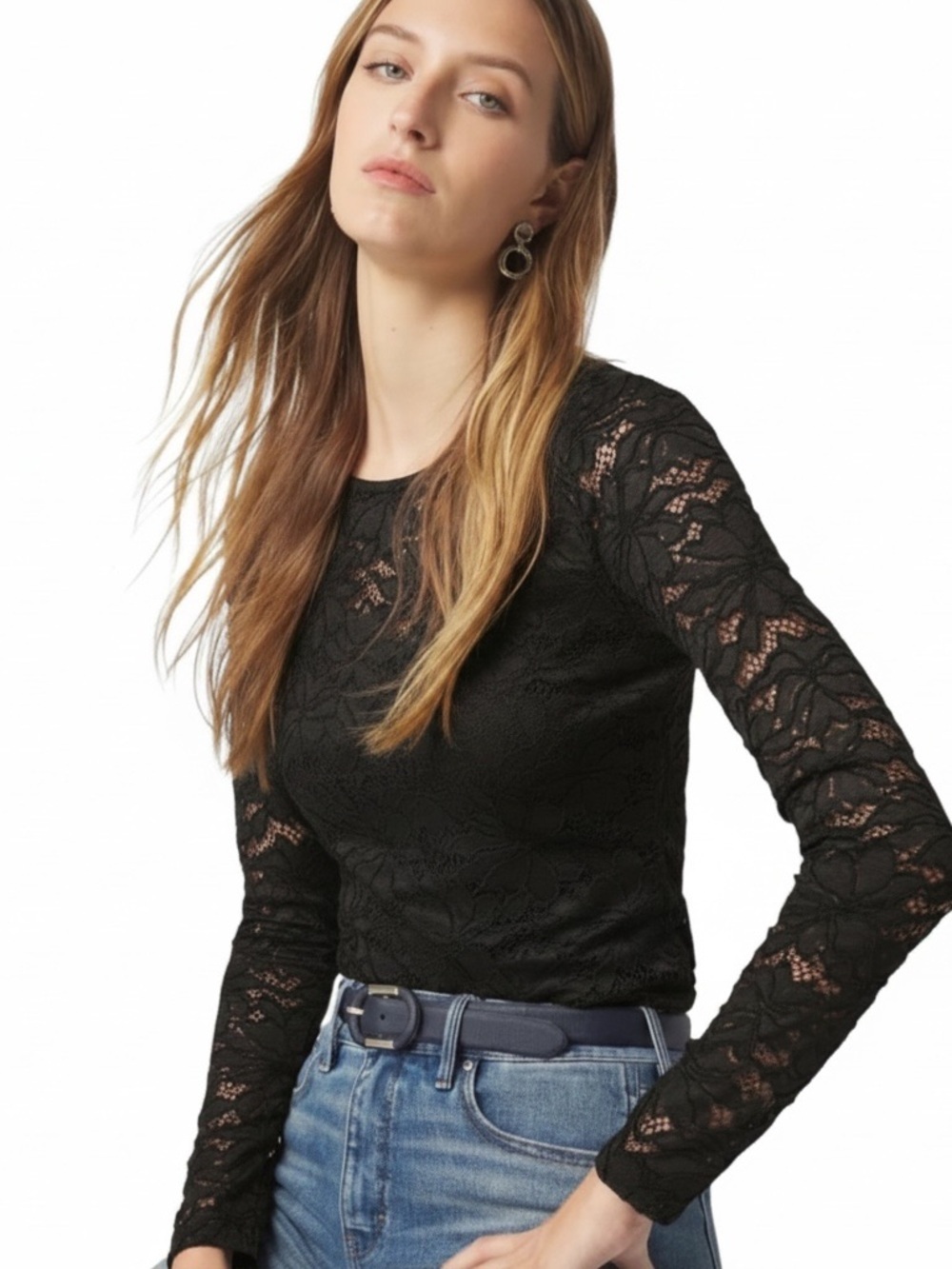 White House Black Market Black Lace Long Sleeve Top Crew Neck Size S